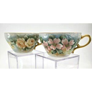 Hand-Painted Floral Porcelain Tea Cups With Gold Handles Vintage Set Of 2 jj3703